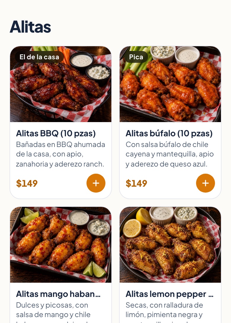 Menú de ejemplo de Alitas El Patrón