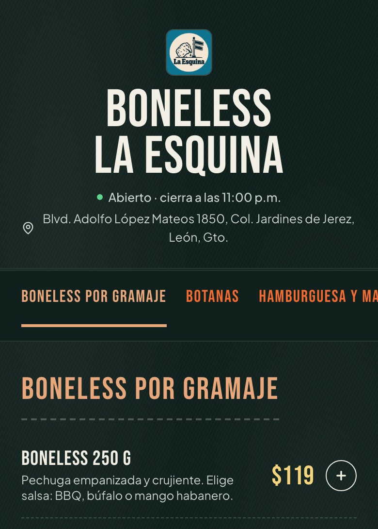 Menú de ejemplo de Boneless La Esquina