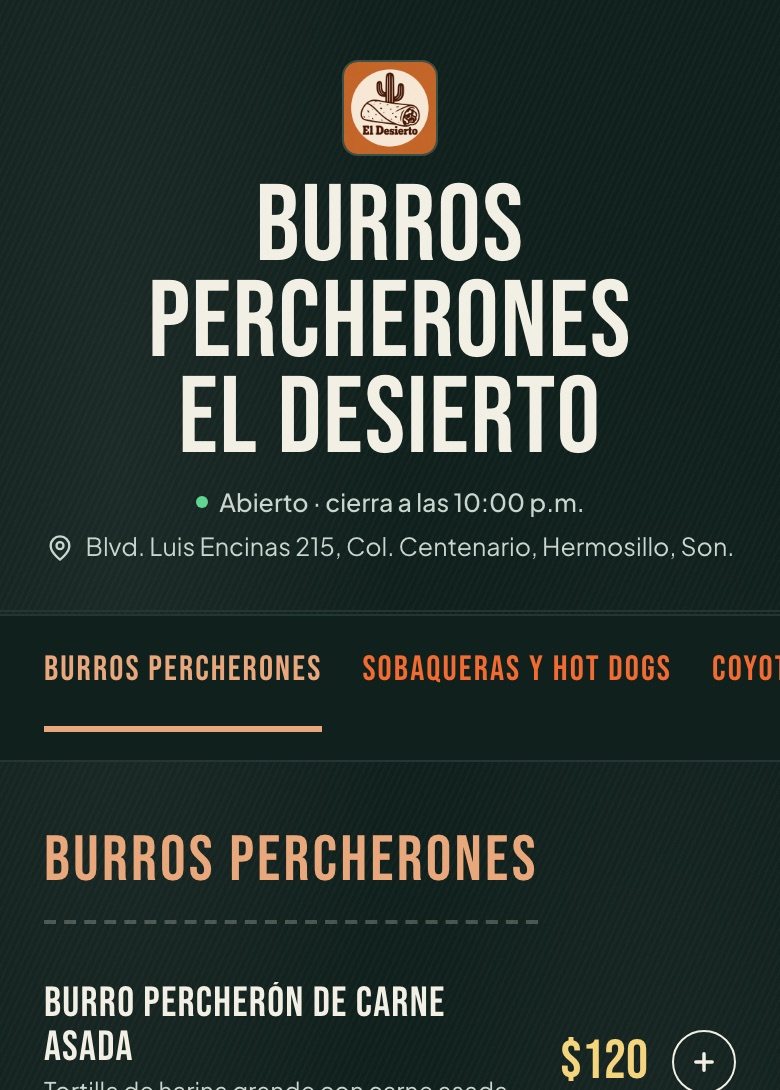 Menú de ejemplo de Burros Percherones El Desierto