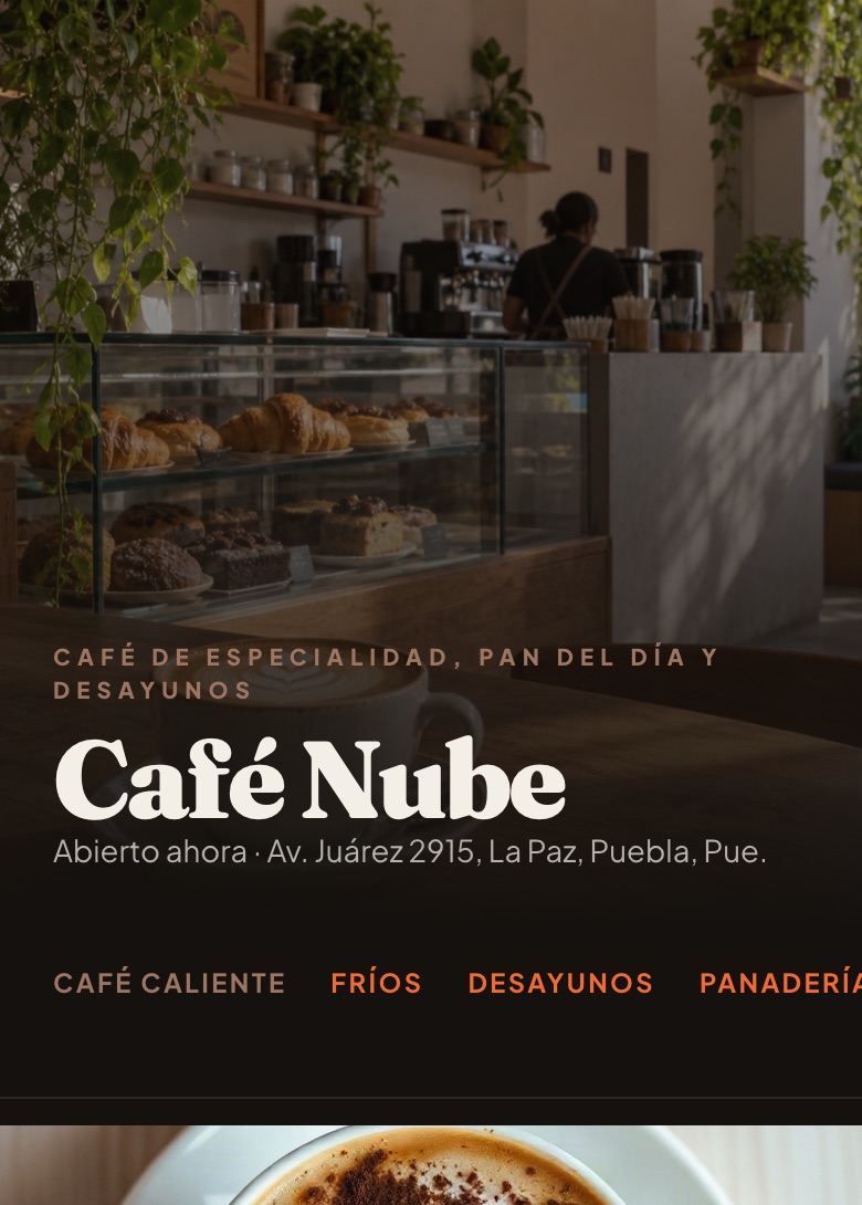 Menú de ejemplo de Café Nube