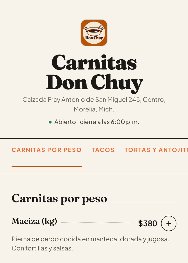 Menú de ejemplo de Carnitas Don Chuy