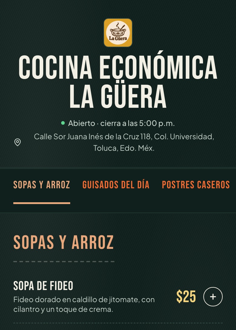 Menú de ejemplo de Cocina Económica La Güera
