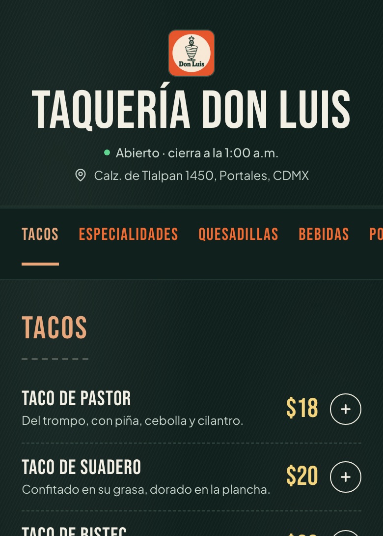 Menú de ejemplo de Taquería Don Luis