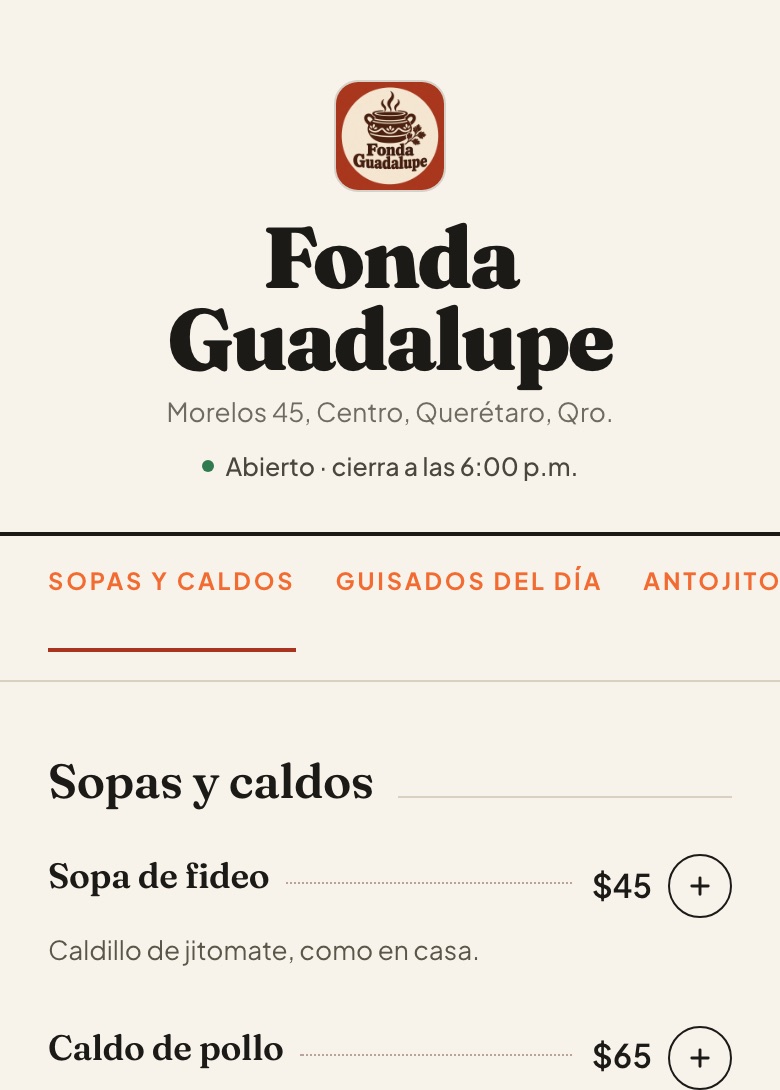 Menú de ejemplo de Fonda Guadalupe