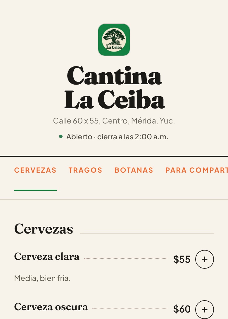 Menú de ejemplo de Cantina La Ceiba