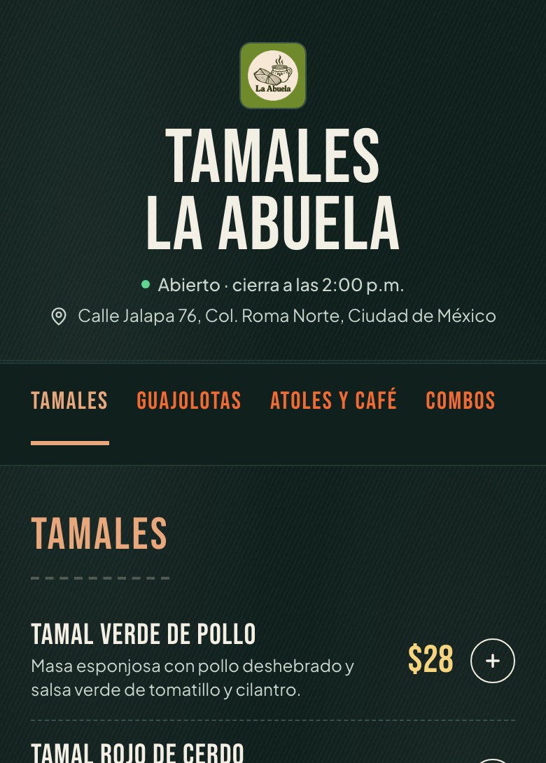 Menú de ejemplo de Tamales La Abuela