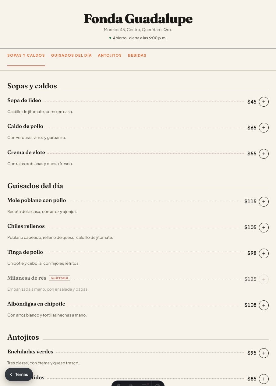 Menú de ejemplo con el tema Carta