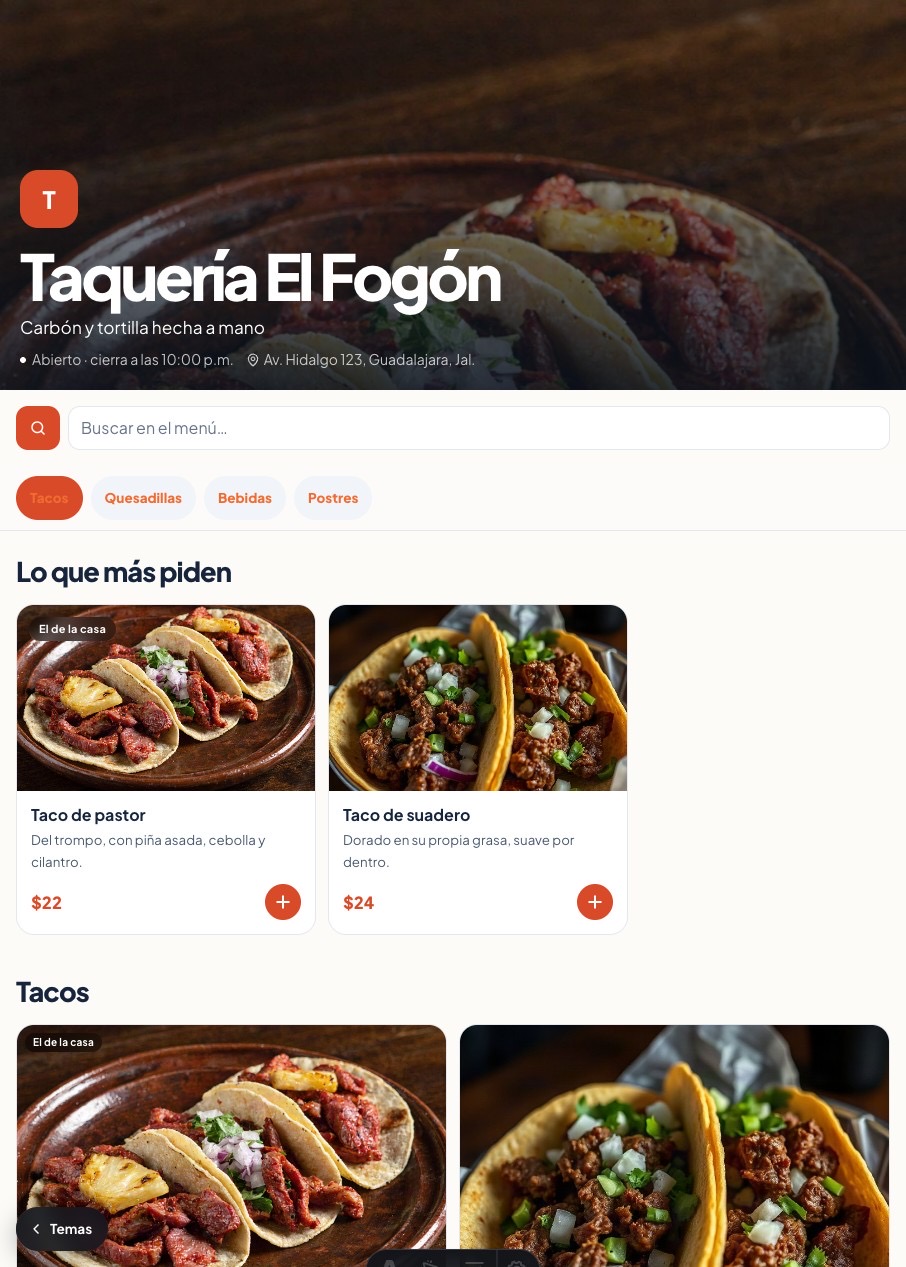 Menú de ejemplo con el tema Tarjetas